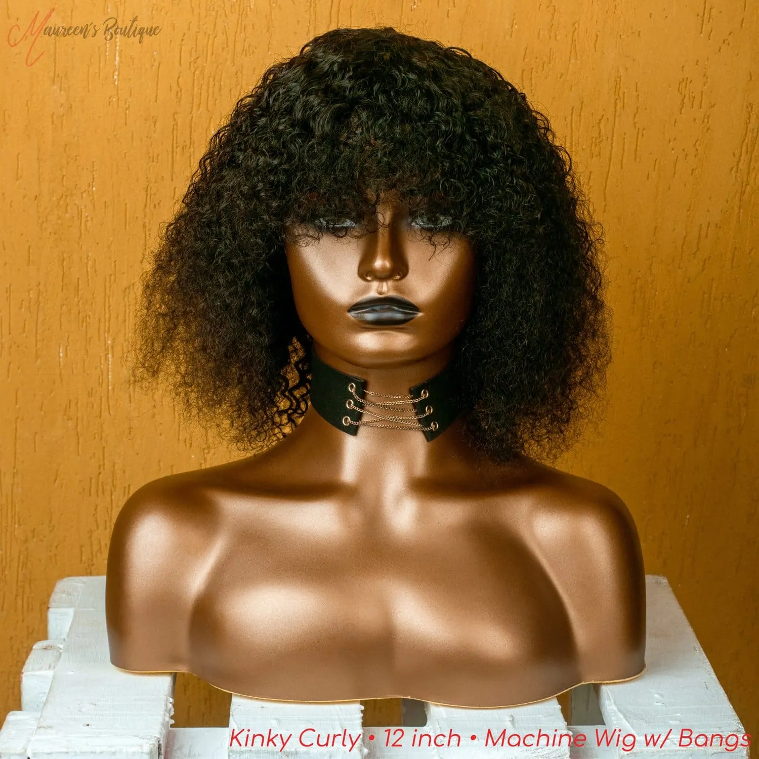 Kinky Curly human hair machine wig with bang 12 inch maureens.com 1