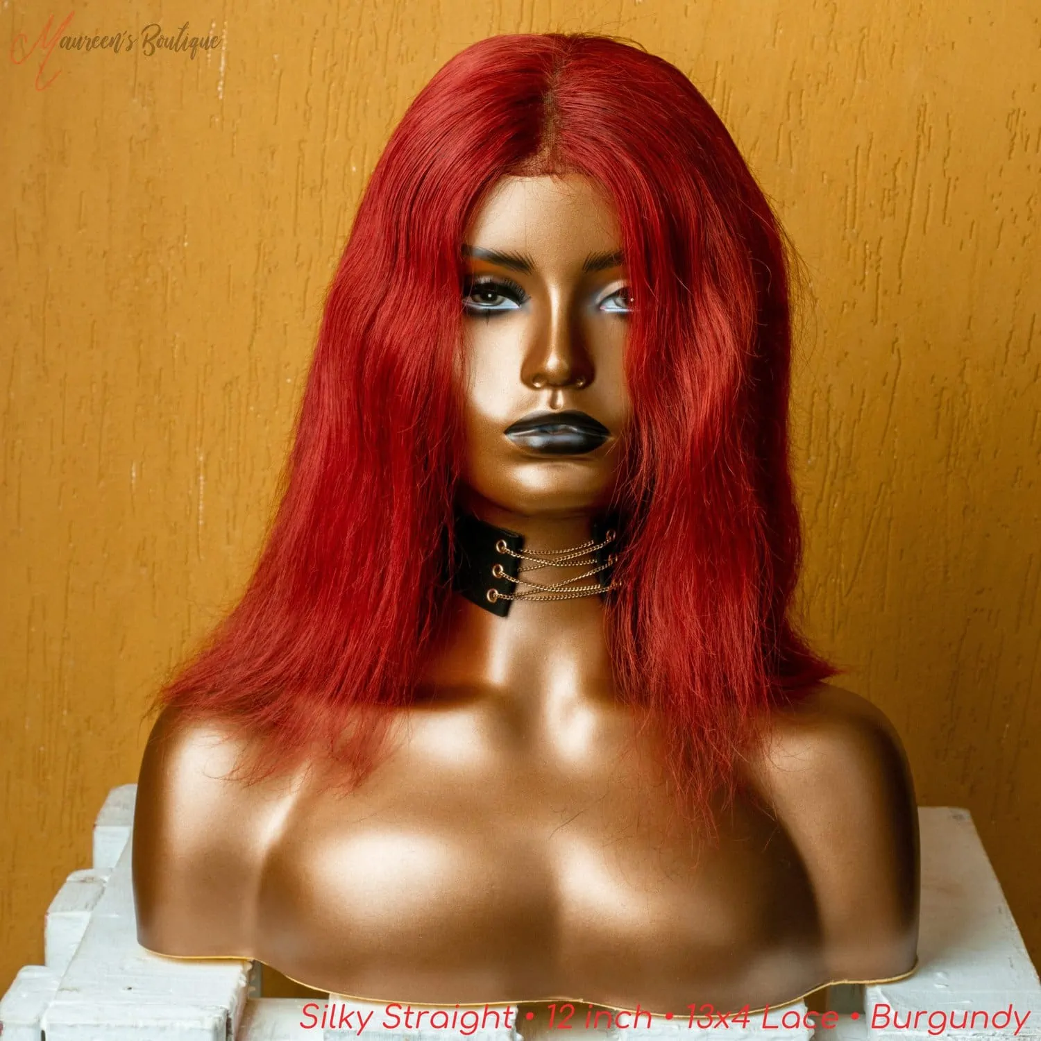 Silky Straight colored 13x4 human hair wig 12 inch burgundy maureens.com 1