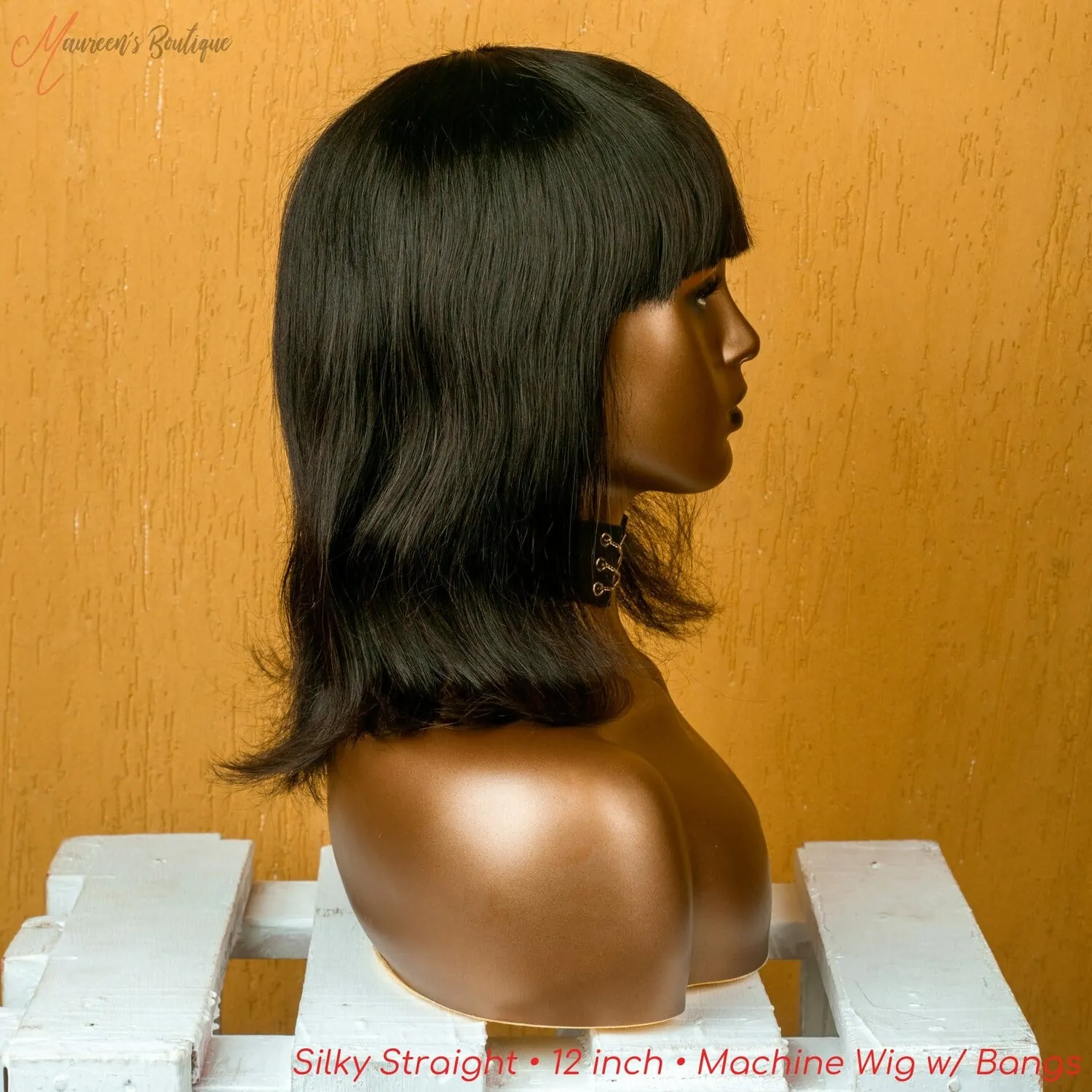 Silky Straight human hair machine wig with bang 12 inch maureens.com 2